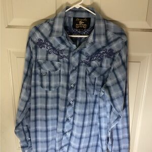 Men’s “Seven Souls” Longs Sleeve  Blue Plaid Shirt with intricate embroiderely.
